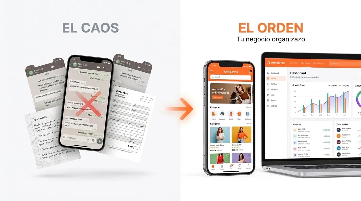 Sin ArmaloVos: chats desordenados. Con ArmaloVos: catálogo online profesional.